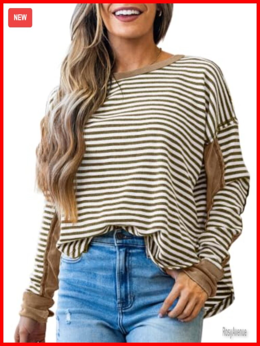 Waffle Knit Striped Sweatshirt Oversized Crewneck Thumbhole Fall Top